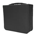 Black Oxford fabric CD DVD storage wallet with top hand strap and zip closure.