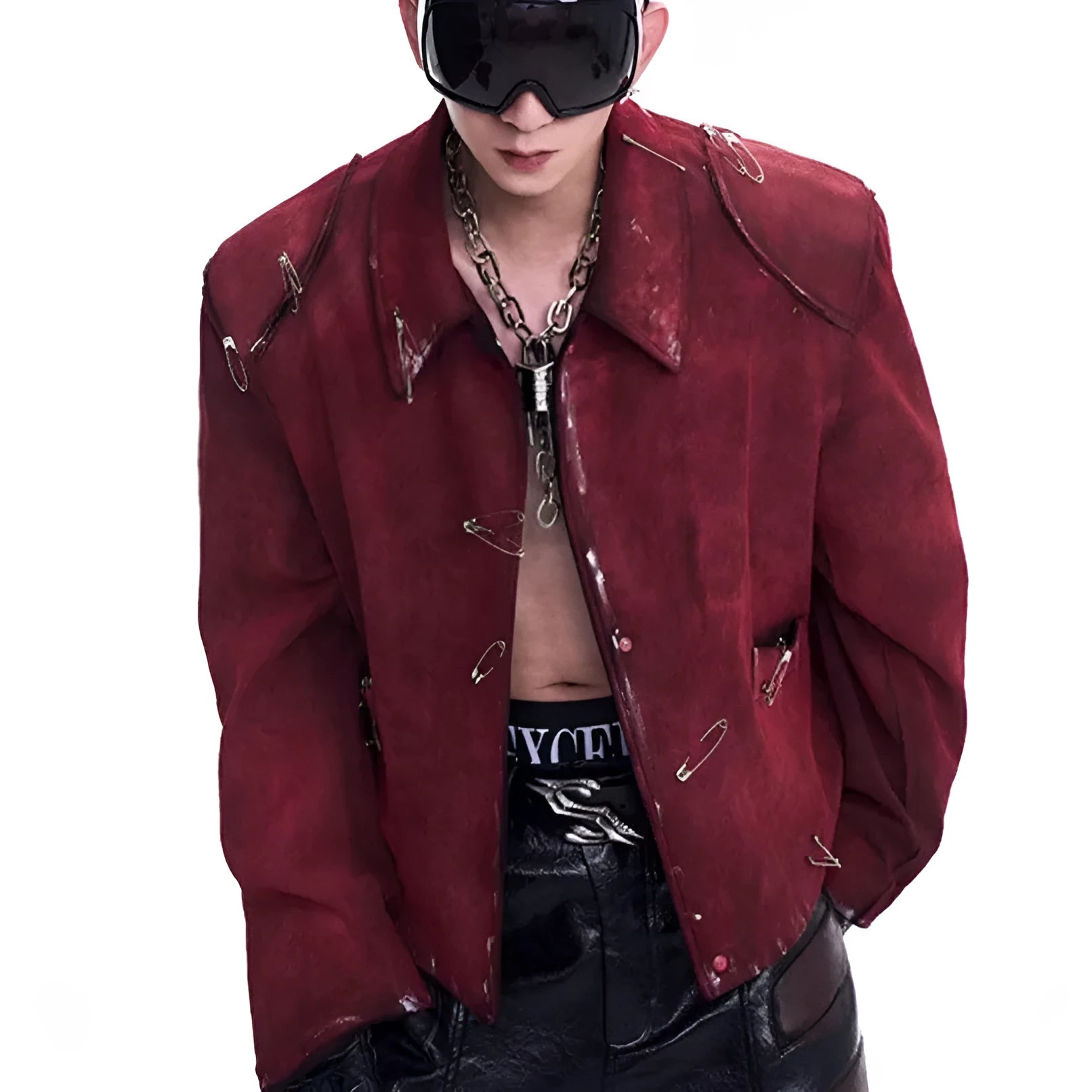 Men's red quilted jacket with decorative pin flocking design and lapel collar