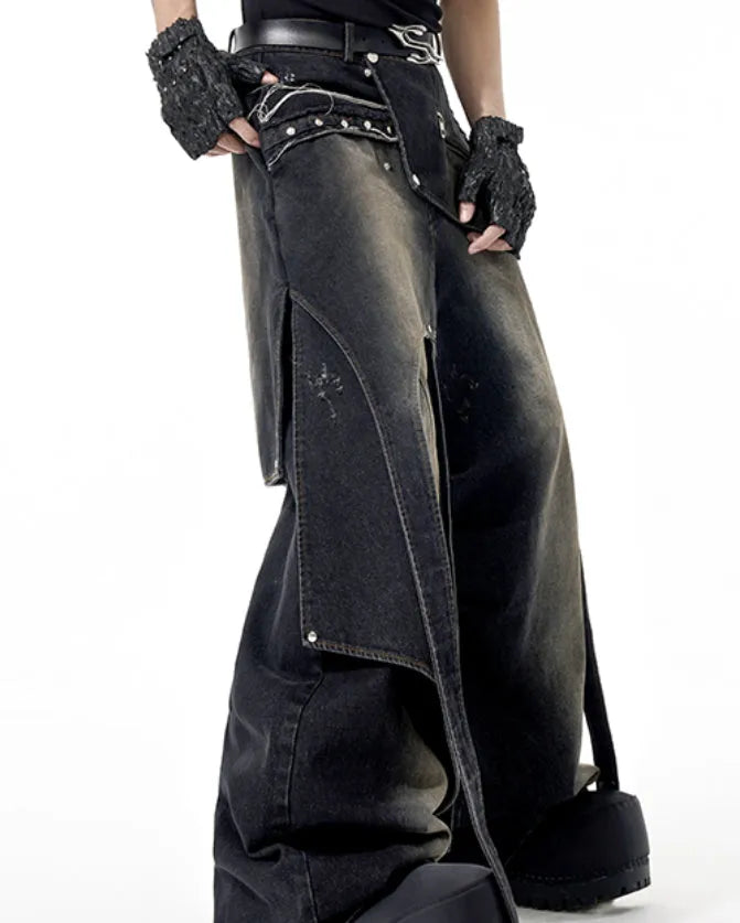 Deconstruction worn jeans for teenagers, cotton denim with zip front, in sizes S M L XL