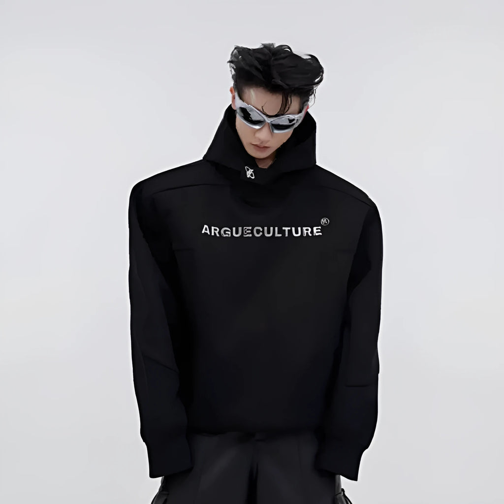 Men's red hooded sweater with metal three-dimensional printing and structured shoulder pads on loose fit