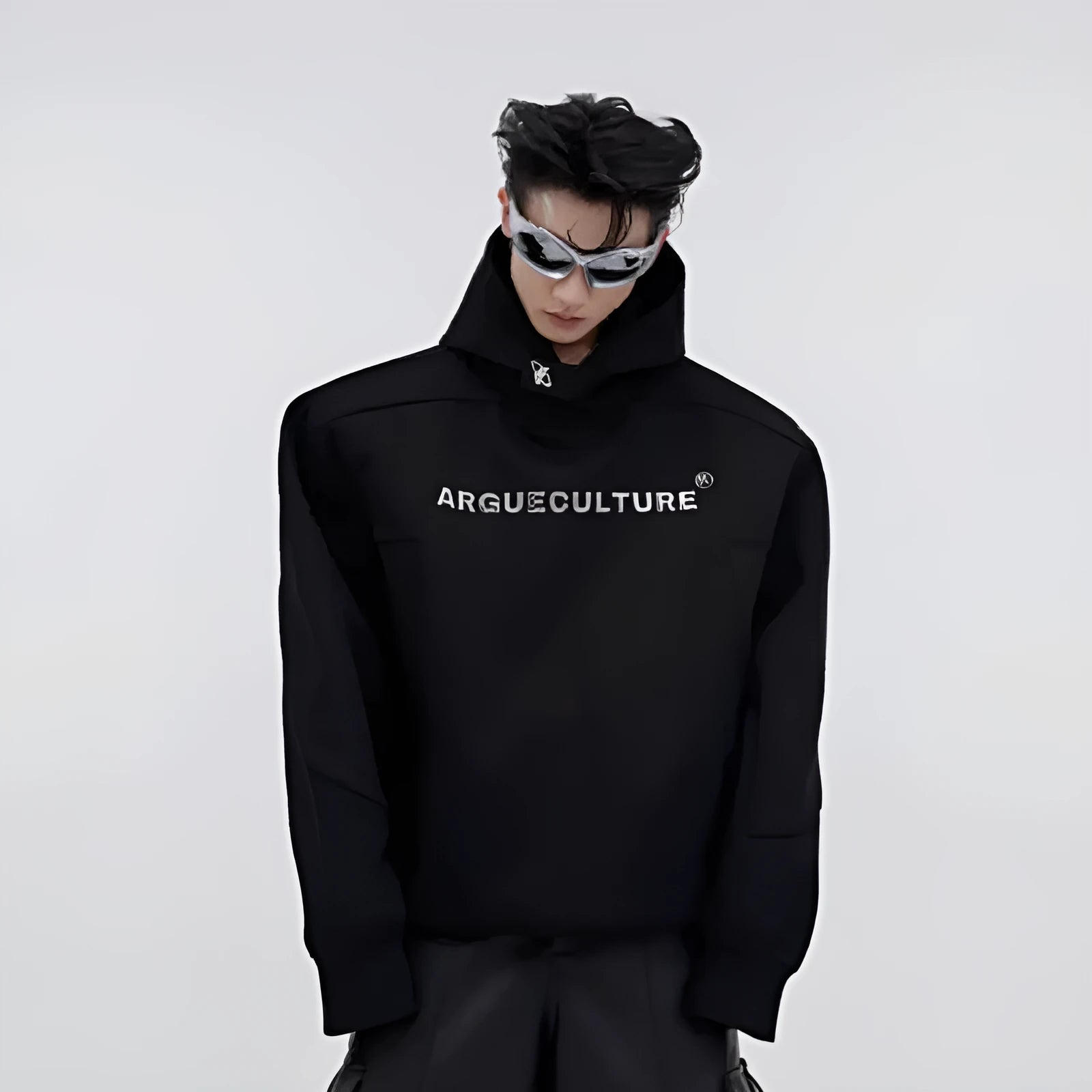 Men's red hooded sweater with metal three-dimensional printing and structured shoulder pads on loose fit