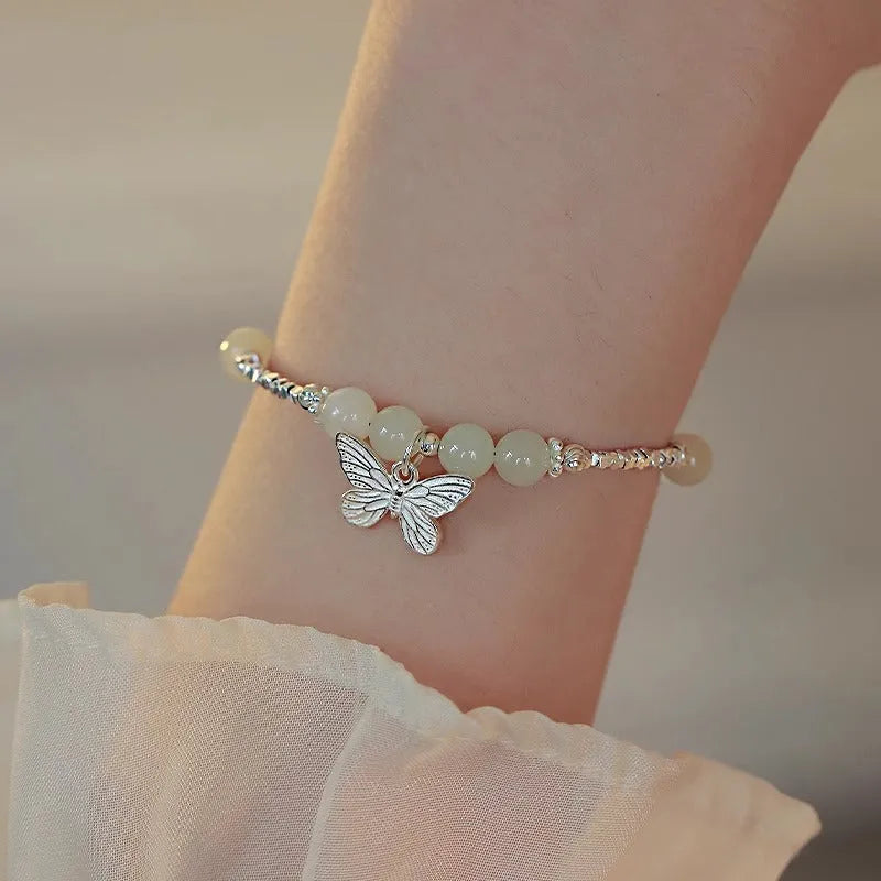 Hetian jade silver butterfly bracelet and necklace set for women