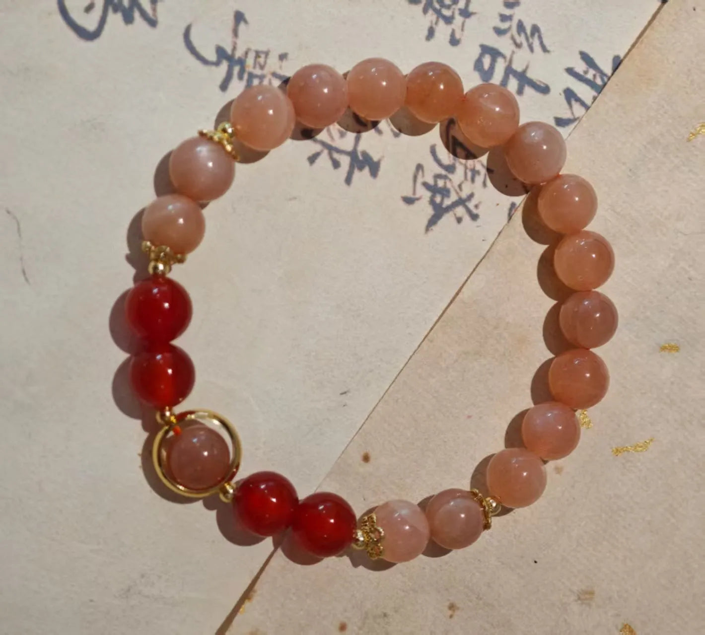 Handmade women's bracelet with red agate and sands orange sunstone 8mm beads in ethnic style