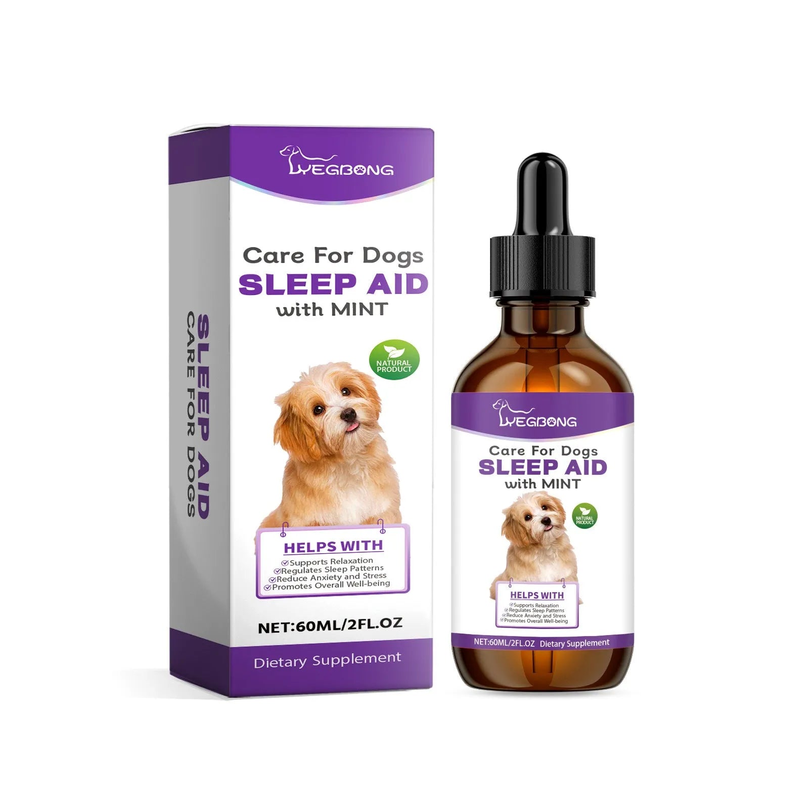 60ml bottle of dog sleep drops with mint extract for canine relaxation support
