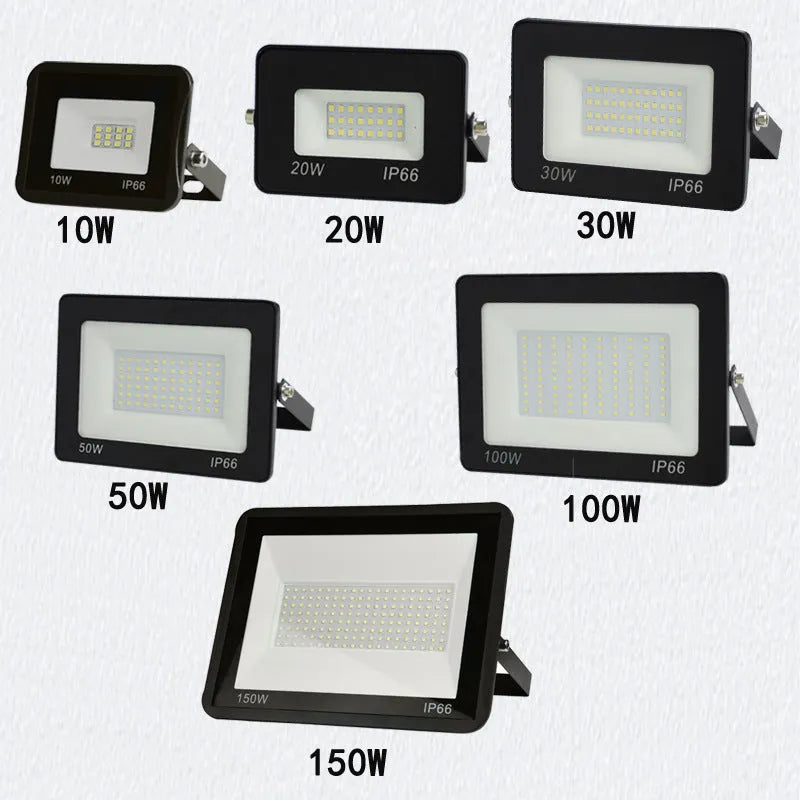 LED flood light with black high strength aluminium shell and 5mm glass cover, IP65 waterproof, 120° beam angle, 10W to 200W.