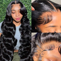 Black full-head wig with medium-long curly hairstyle on a wig stand.