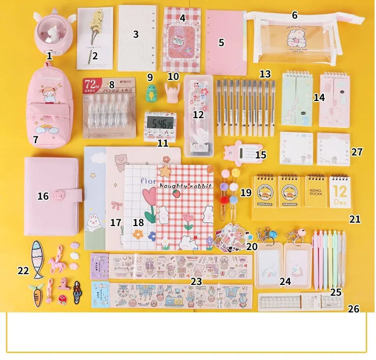 Stationery combination gift bag showing notebooks, pens, correction tape, and accessories from the 29-piece or 31-piece set.