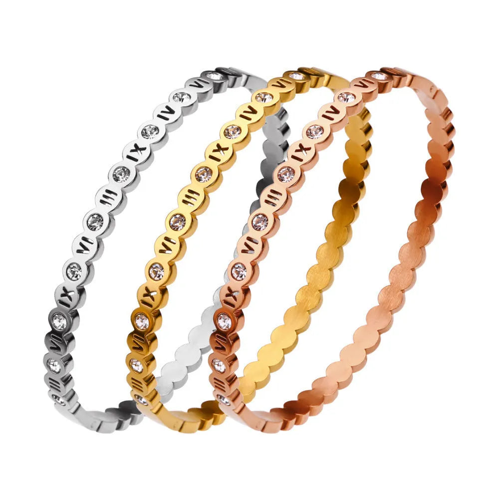 Korean style titanium steel bracelet with number elements in gold, rose gold, and steel colour options