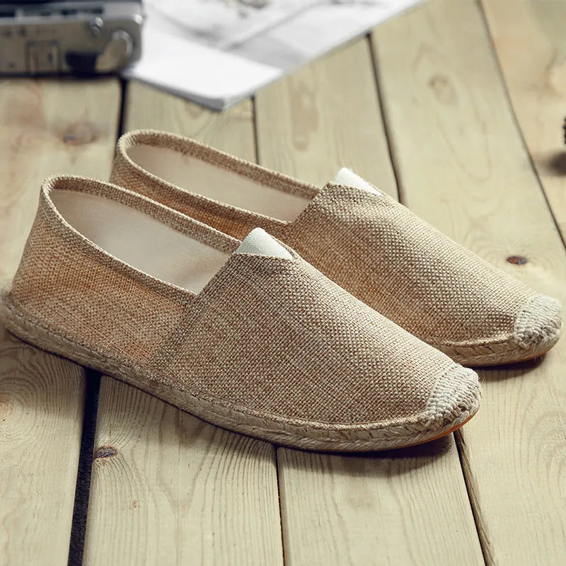 Men's round-toe casual canvas shoes in linen fabric, shown in black, dark brown, grey, and white colour options.