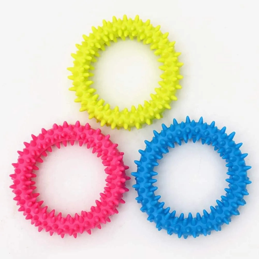 Blue TPR spiky circle ring dog chew toy for dental health and bite training.