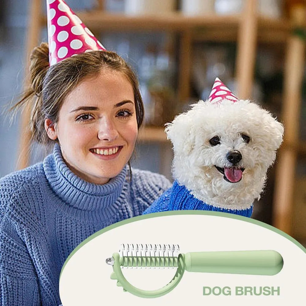 Dinosaur shaped double-sided self-cleaning cat brush with stainless steel pins
