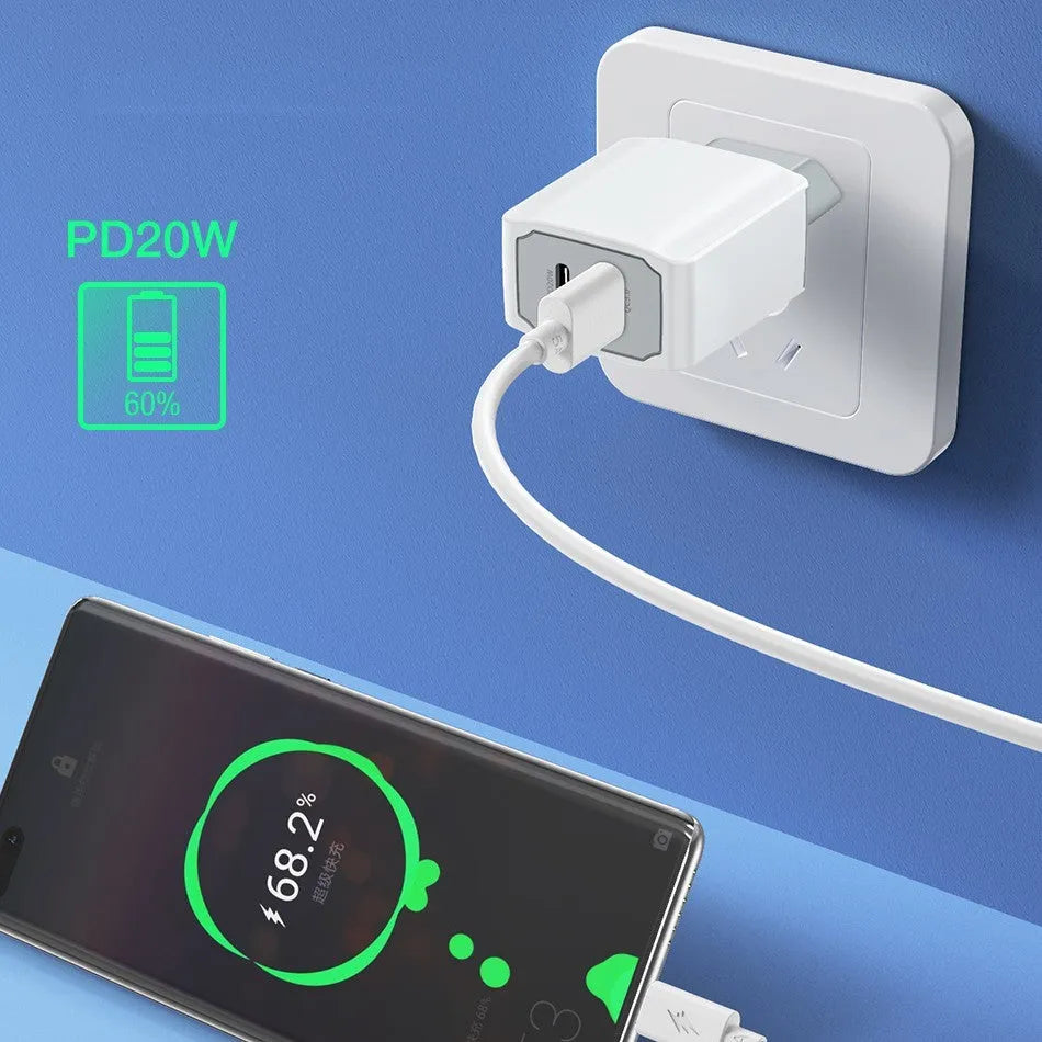 White European standard phone fast charger set with USB cable on a white background