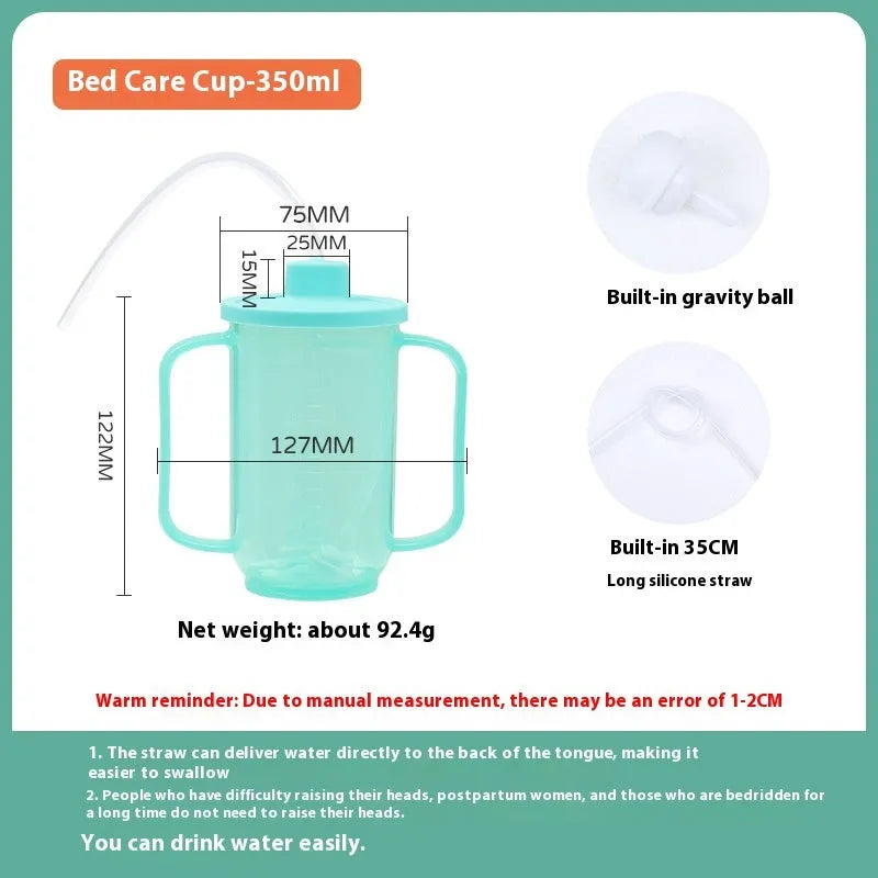 A white PP plastic choke proof drinking cup with a lid and handle for elderly and pregnant adult bed care.