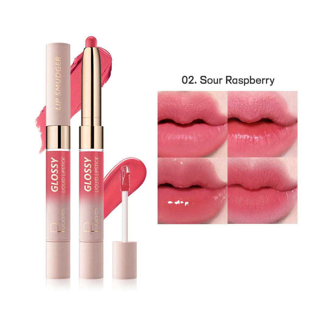 Double-headed lipstick and lip gloss set showing ten matte finish colour options.