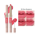 Double-headed lipstick and lip gloss set showing ten matte finish colour options.
