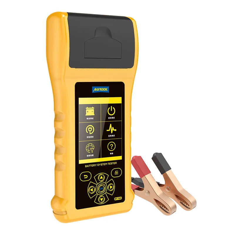 Autool BT760 vehicle battery tester with colour screen, thermal printer, and battery clip cables.