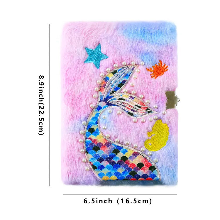 Cartoon fishtail pearl plush children's notebook with lock, rabbit hair cover, 80 sheets of 70g Dorian paper, six colours