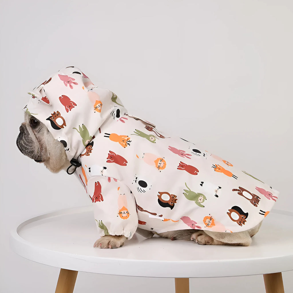 Beige cartoon dog raincoat with waterproof PU coating in small animal or cat head design