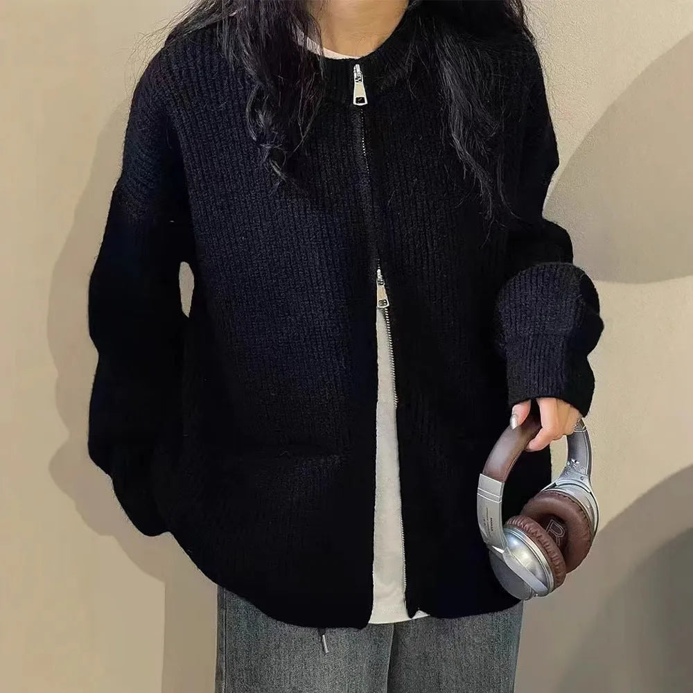 Soft wind glutinous sweater coat cardigan in beige colour, shown as a long-sleeve casual knitwear layer.