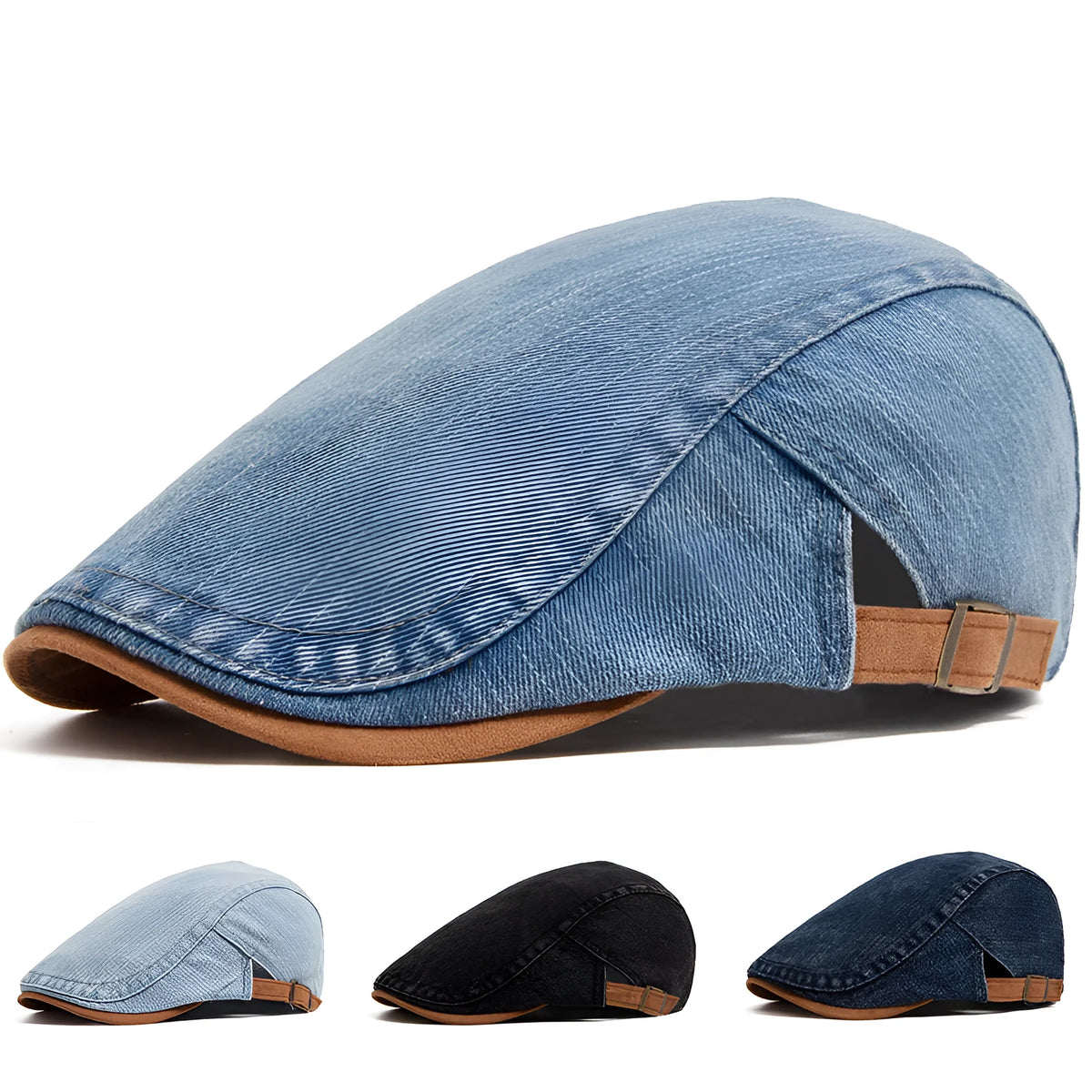 Men's adjustable cotton beret hat with dome crown in blue, light blue, black, or dark blue for spring and autumn.