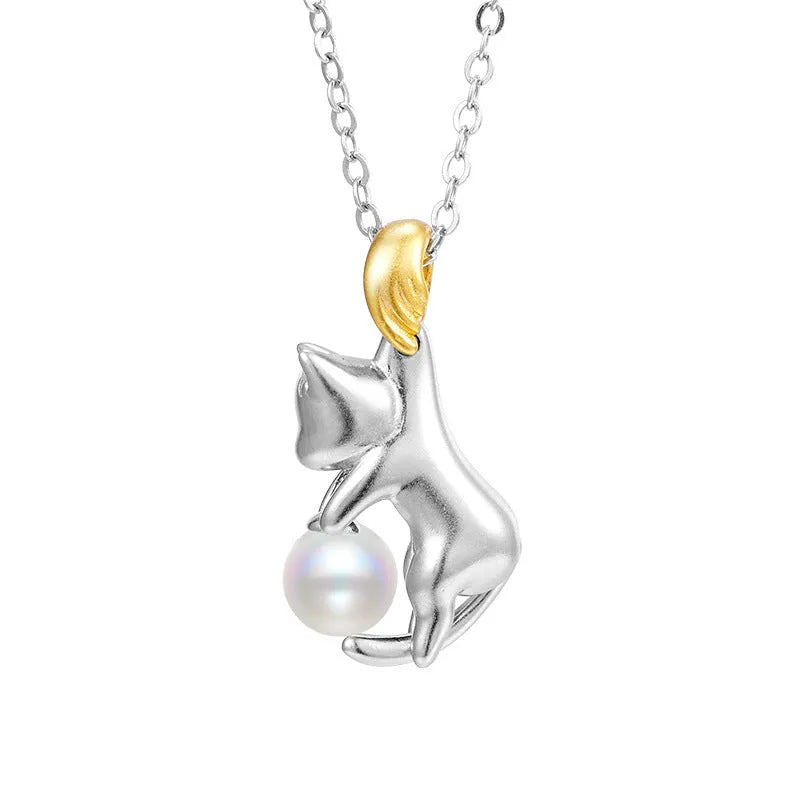 Sterling silver clavicle chain necklace with cat pendant, electroplated 925 silver jewellery