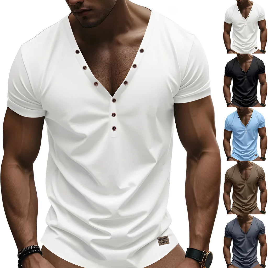 Men's loose fit solid colour V-neck pullover top with button detail on the front.