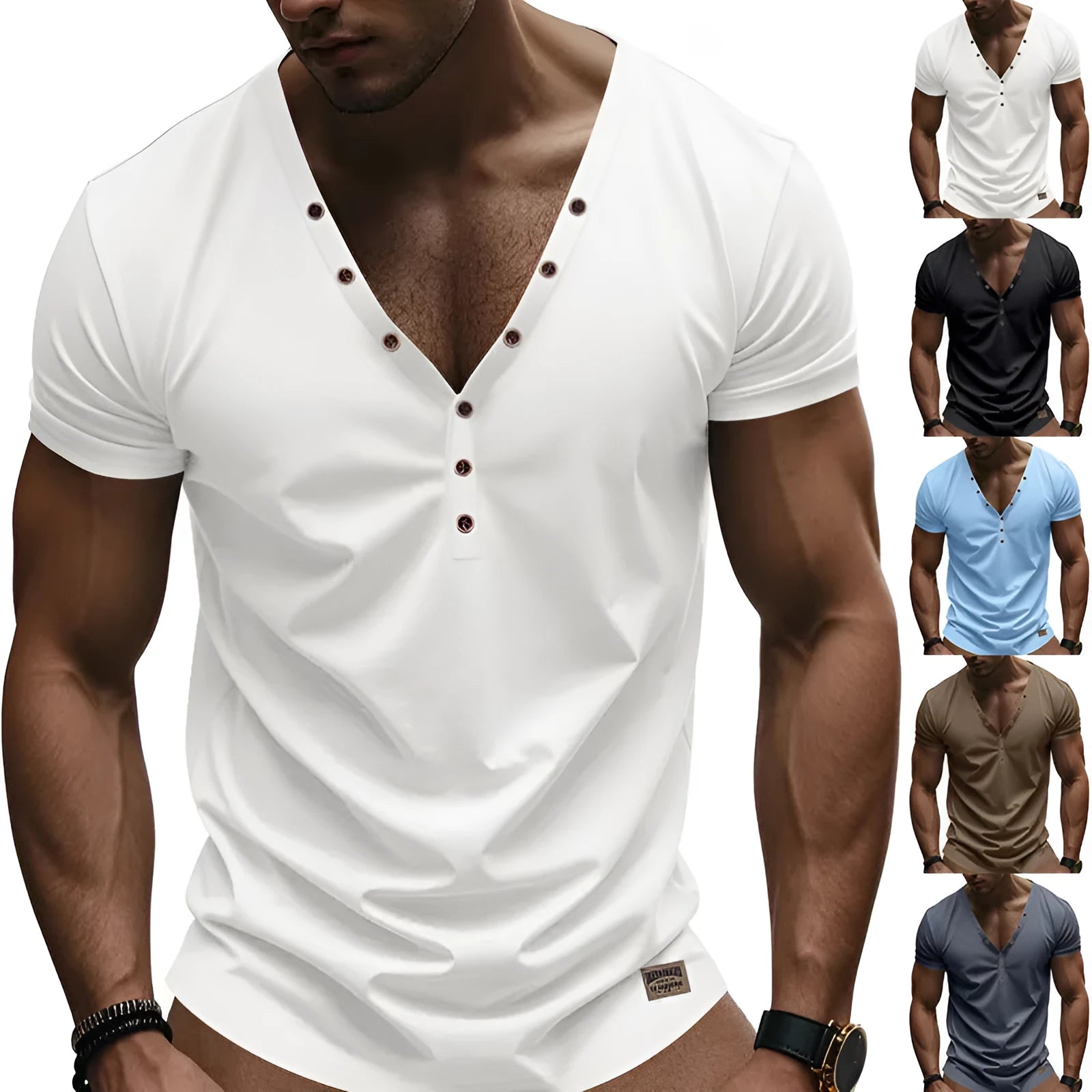 Men's loose fit solid colour V-neck pullover top with button detail on the front.
