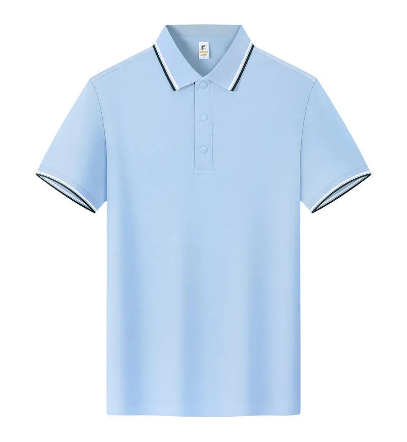 A straight-cut lapel style short sleeve T-shirt on a hanger, shown in multiple solid colour options.