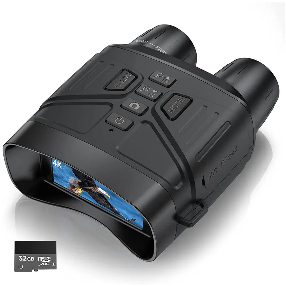 Black night vision instrument with 4K 36MP resolution and 3-inch display showing night vision footage