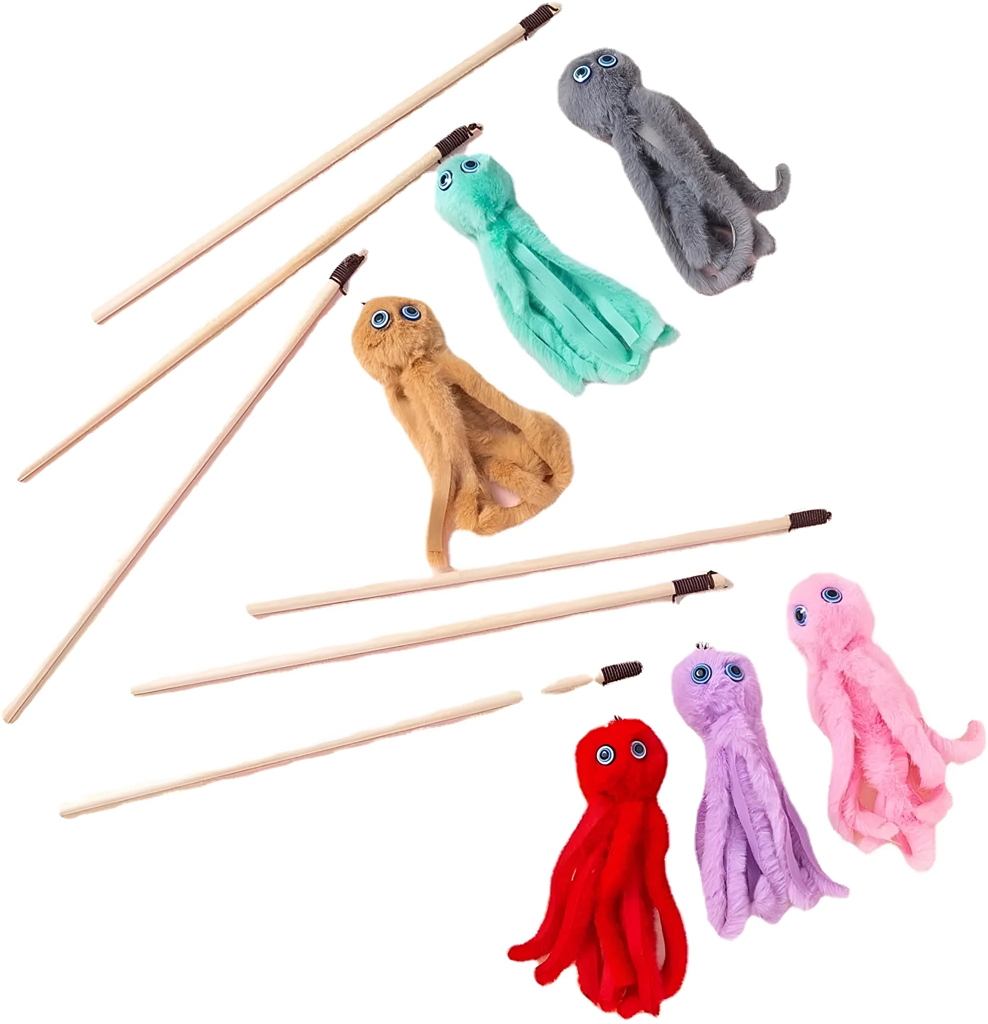 Octopus cat toy with long stick in multiple colours for indoor play