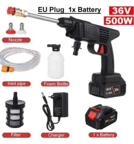 Cordless portable electric car pressure washing machine with battery, hose, and foam bottle