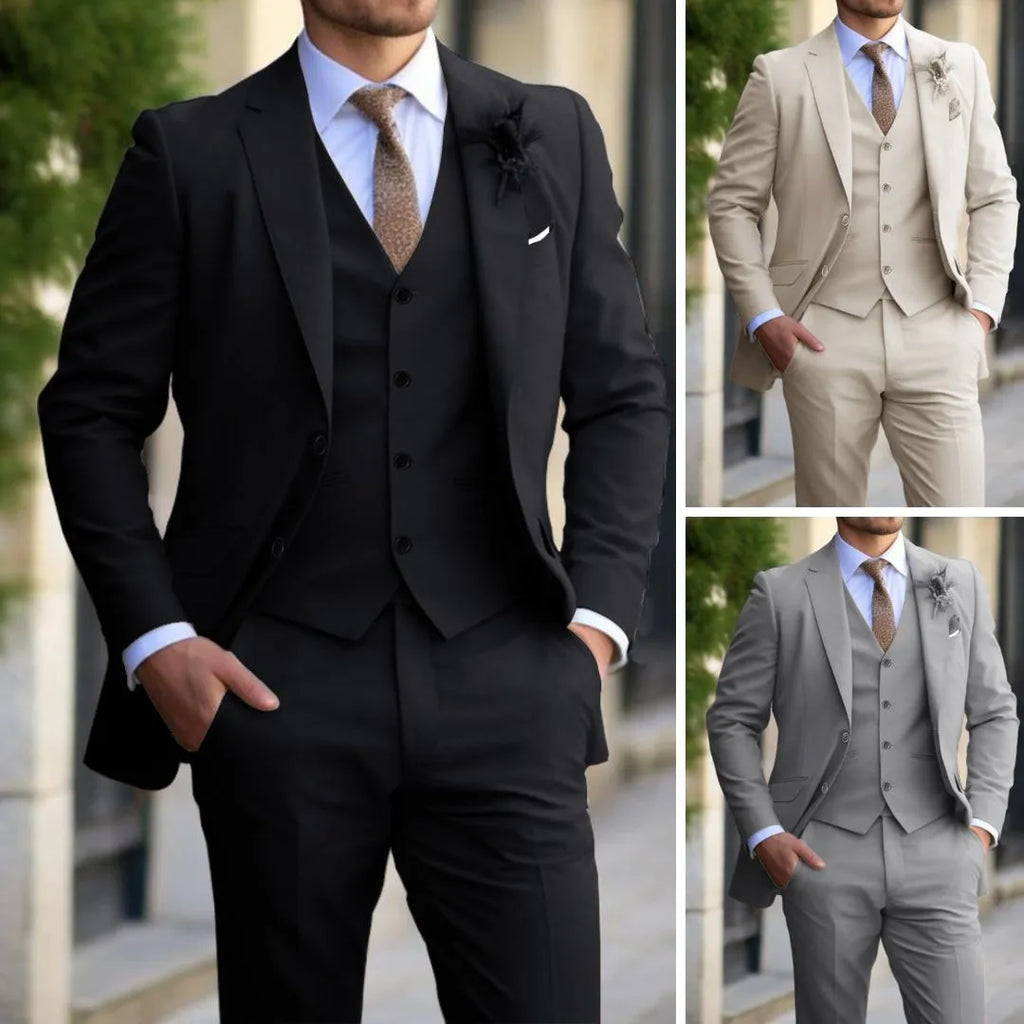 Men's casual three-piece suit set with jacket, vest and trousers in cotton blend, regular fit, sizes XXS to 7XL