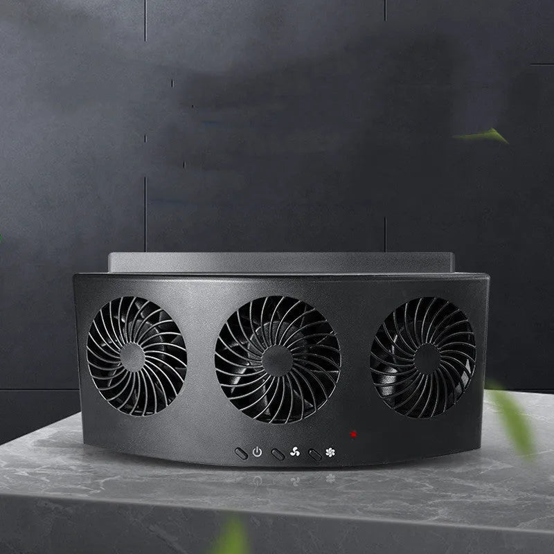 Black and white USB-powered car ventilation fan measuring 23cm long
