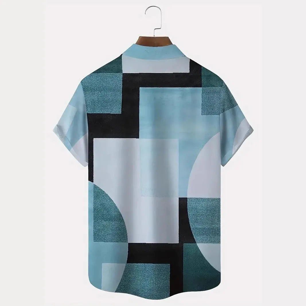 Man wearing a loose-fit geometric pattern cardigan shirt in contrasting colours, short sleeves.