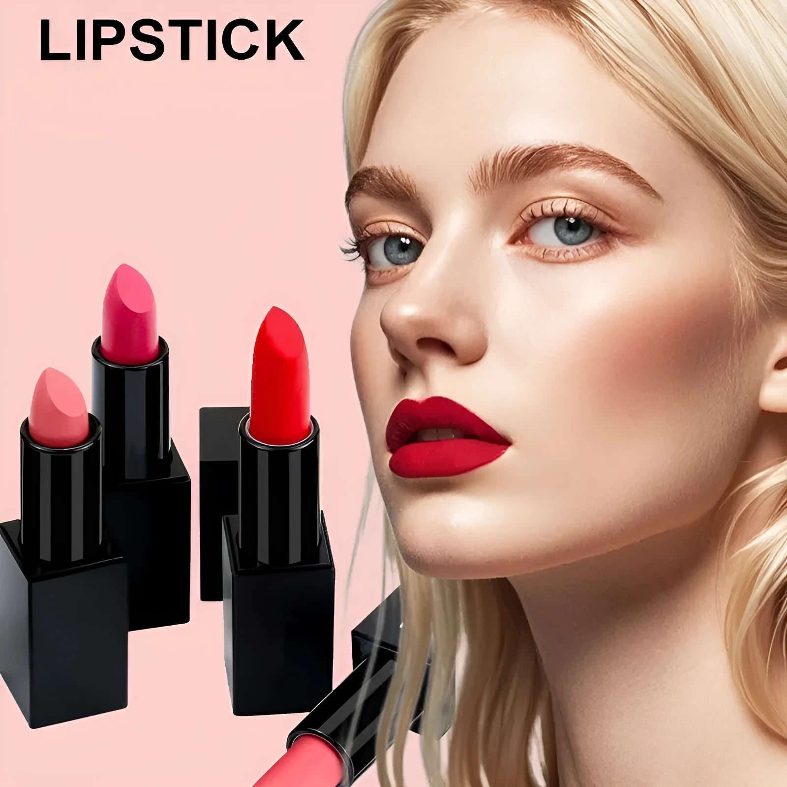 Matte finish lipstick bullet in case showing one of 24 available waterproof colour shades.