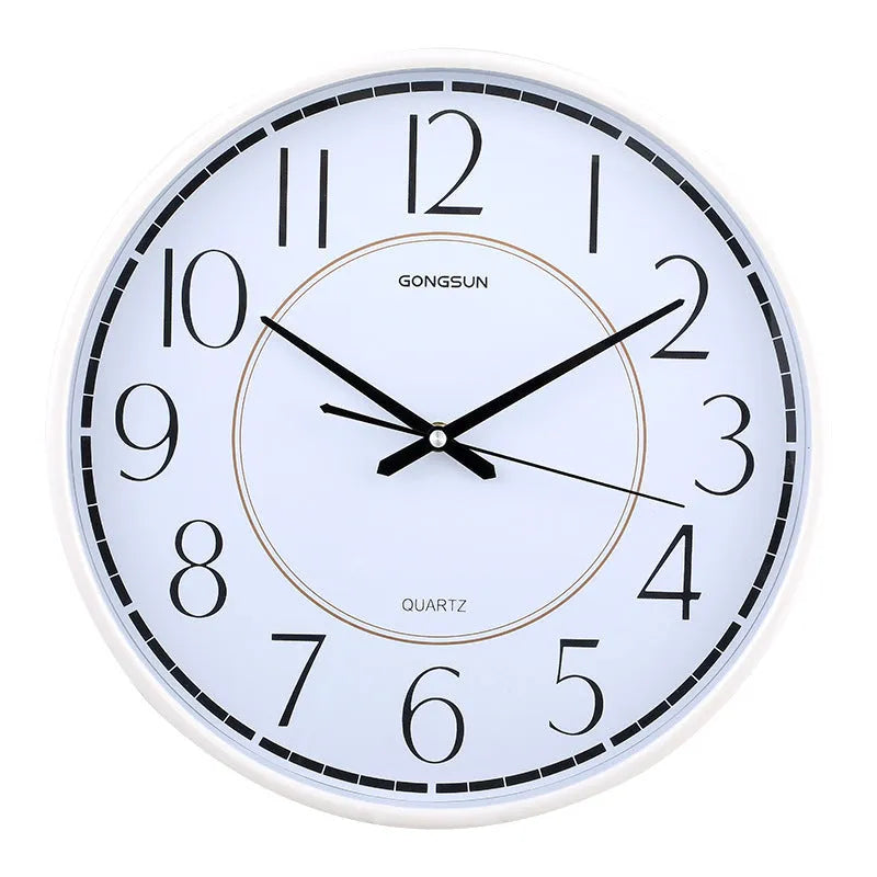 14-inch round wall clock with sweep second movement, ABS shell, available in white black and flashing gold