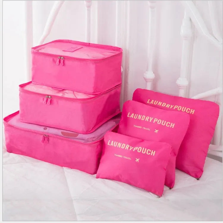 6 PCS travel storage bag set in polyester with handbag shape, multiple colour options for clothes and cosmetic organisation