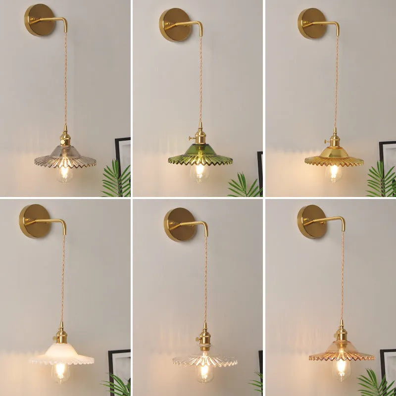 Retro brass lotus wall lamp with copper base and glass shade in one of six colours.