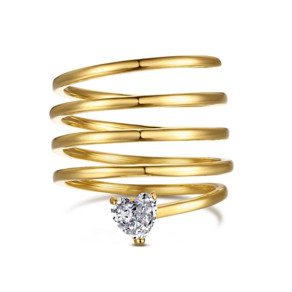 S925 sterling silver ring for women with heart-shaped and geometric design, gold or platinum colour, sizes No 6 to No 9.