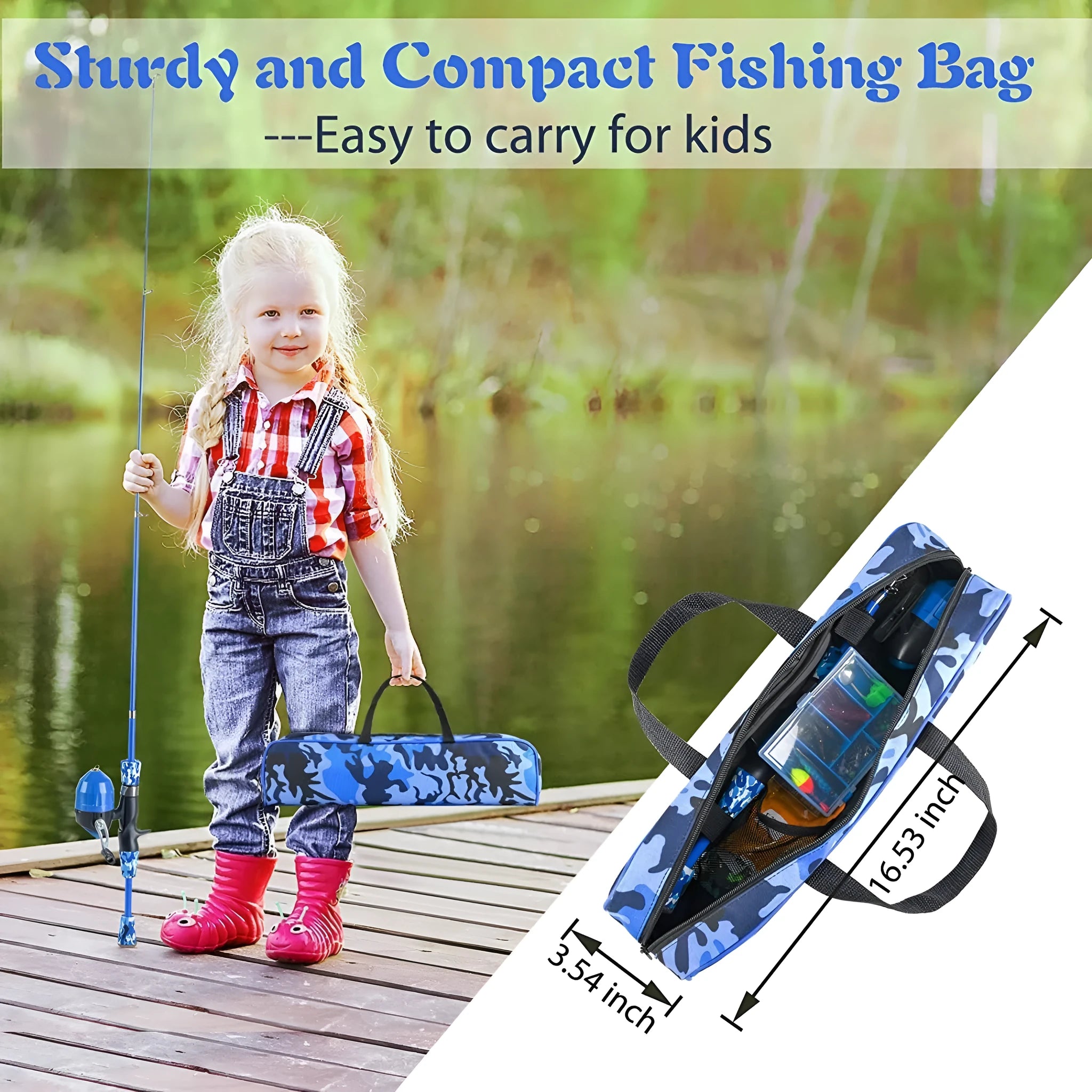 Blue children's telescopic carbon fishing rod with EVA grip and reel kit in carry bag
