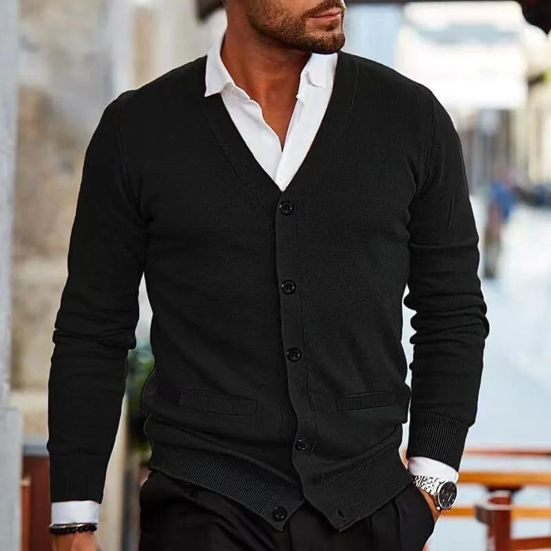 Men's slim fit acrylic cardigan sweater in a range of colours including beige, black, dark green, and wine red.