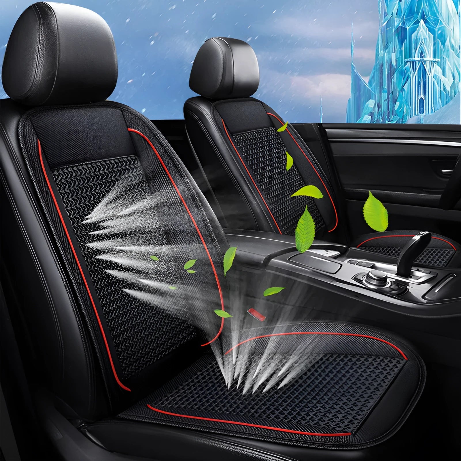 Car ventilation seat cushion measuring 60cm square in black, beige, or coffee colour with power cord
