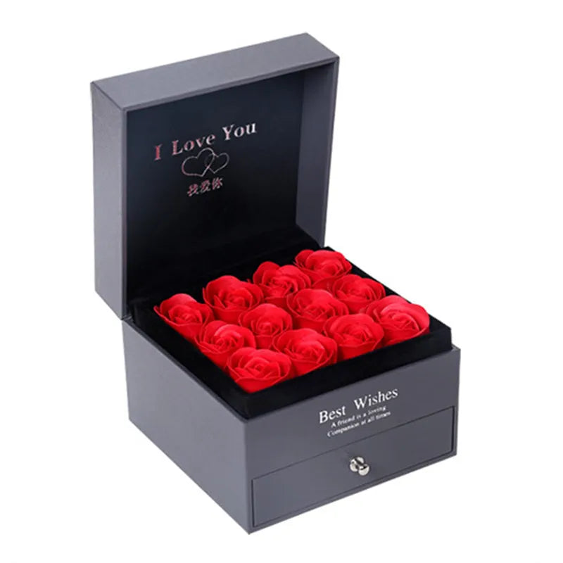 Silver double-layer rose gift box with nine foam latex roses and drawer for jewellery storage