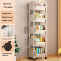 White multi-layer plastic storage rack with wheels, rotatable and movable, shown with open shelves in 3, 4, or 5-layer options.