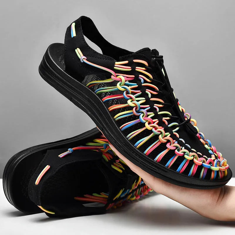Woven elastic tie sandals with rubber soles in rainbow colour options