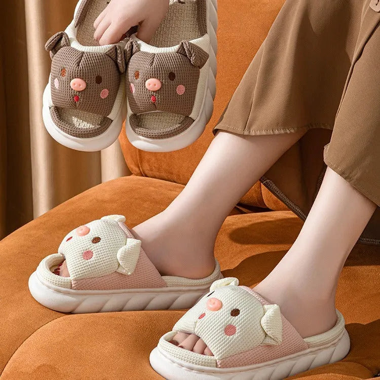 Piggy Cute Couple open-toe linen slippers in various colours, showing sewn PVC sole.