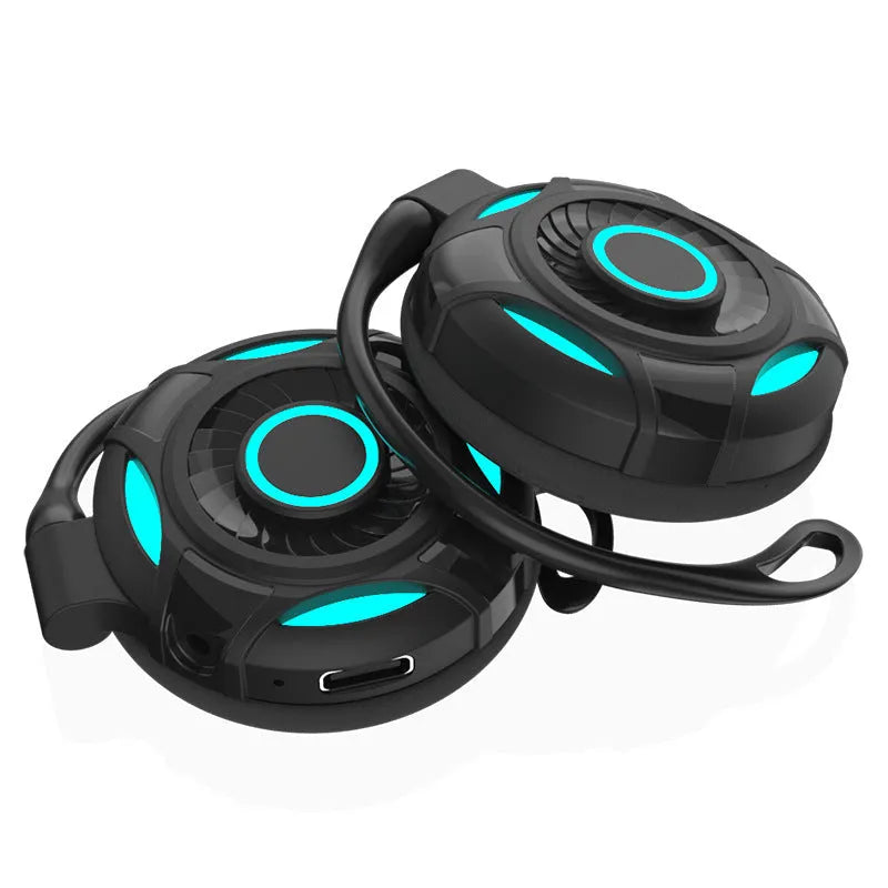 Black and white Bluetooth gaming earphones with hanging design and USB charging port