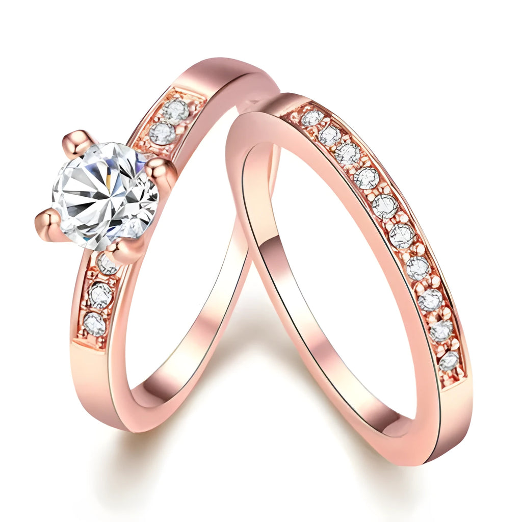 Rose gold ring with diamonds on a copper band, available in US sizes 5 to 12