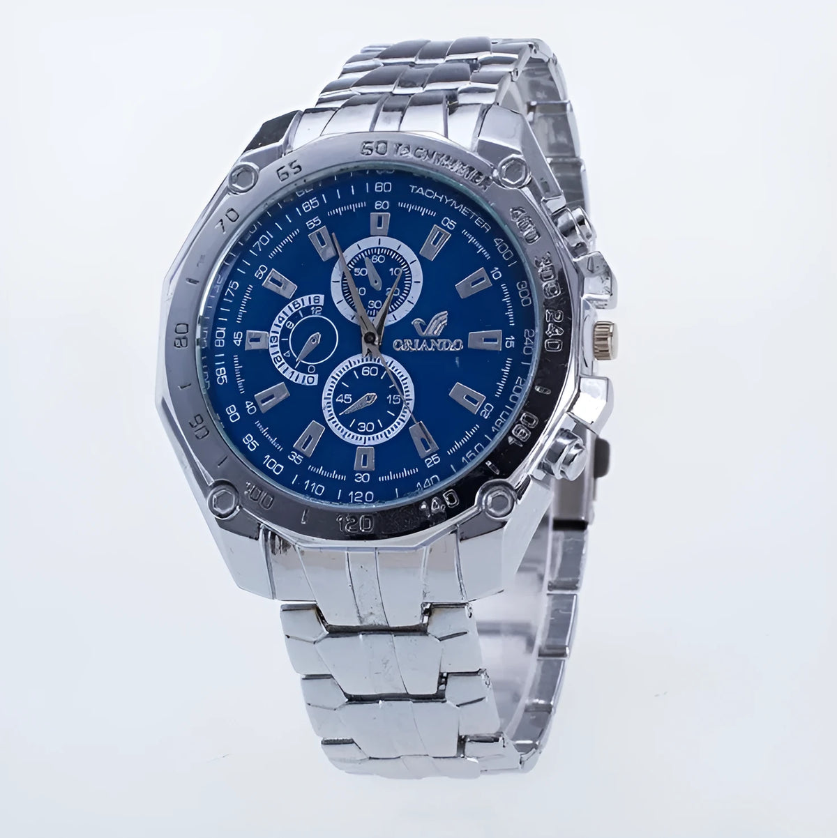 Silver stainless steel men's sport watch with pointer display, 4cm dial, black face on steel strap