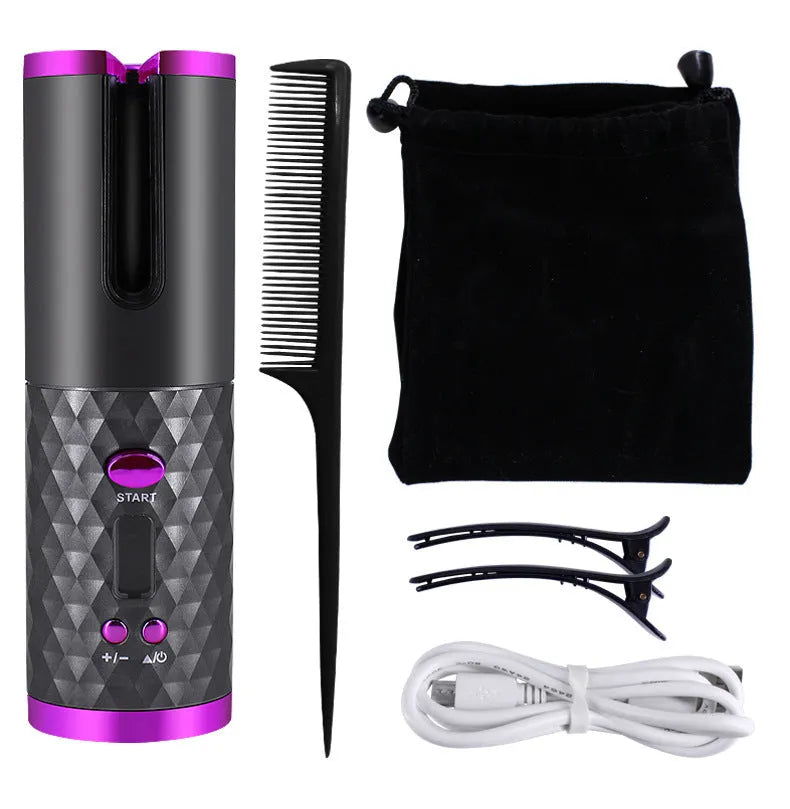 Rechargeable automatic hair curler with LCD display in black, pink, pinkgrey or white colour